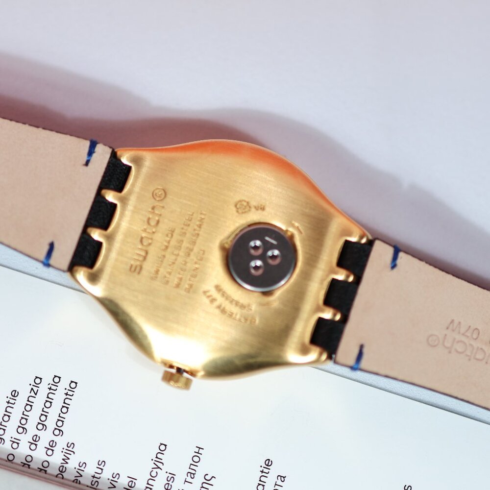 Limited Swiss Swatch Made Irony Gold Colored Blue Happy Joe Golden YWG408 41MM - Picture 4 of 10